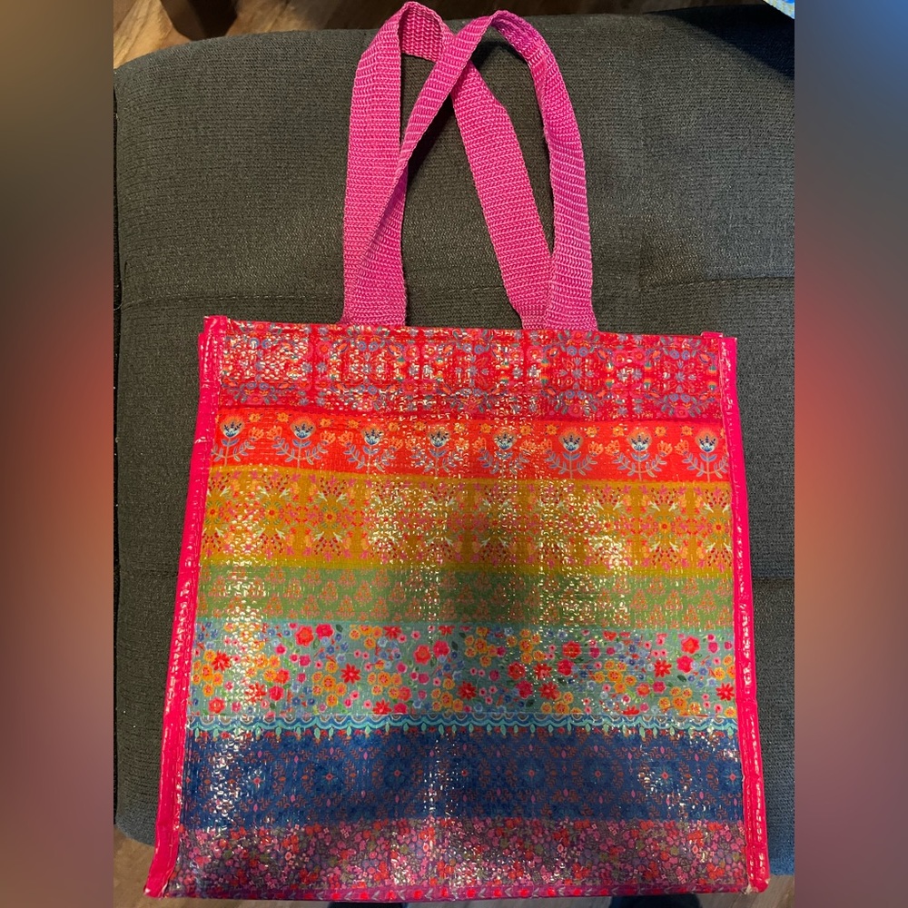 Bright Multicolor Floral Lunch Bag with Pink Handles